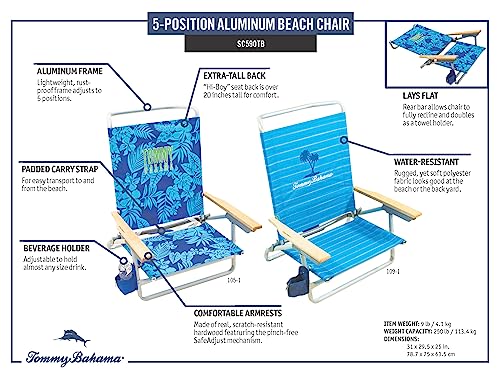 Tommy Bahama 5-Position Lay Flat Cup Holder and Towel Bar Beach Chair, 1-Pack, Turquoise Check