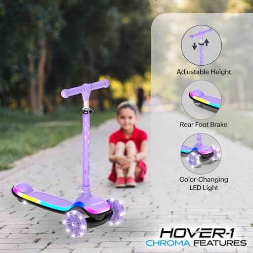 Hover-1 Chroma Folding Kick Scooter for Kids with Multicolor Wheel Lights, 3¡± Front Wheels, Rear Foot Brake, and 110 LB Weight Capacity