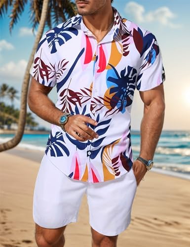 X-Large Men's Summer Tropical Print Short Sleeve Hawaiian Shirt and Shorts Set