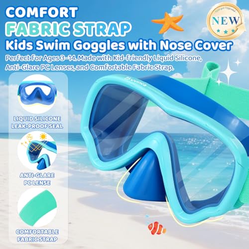Kids Swim Goggles with Nose Cover, Fabric Strap No Leak, Blue Green / Vibrant