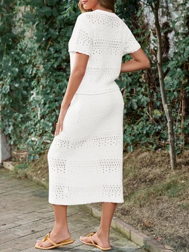 Women's Crochet Cover Up 2-Piece Skirt Set Medium White Vacation Travel Outfit