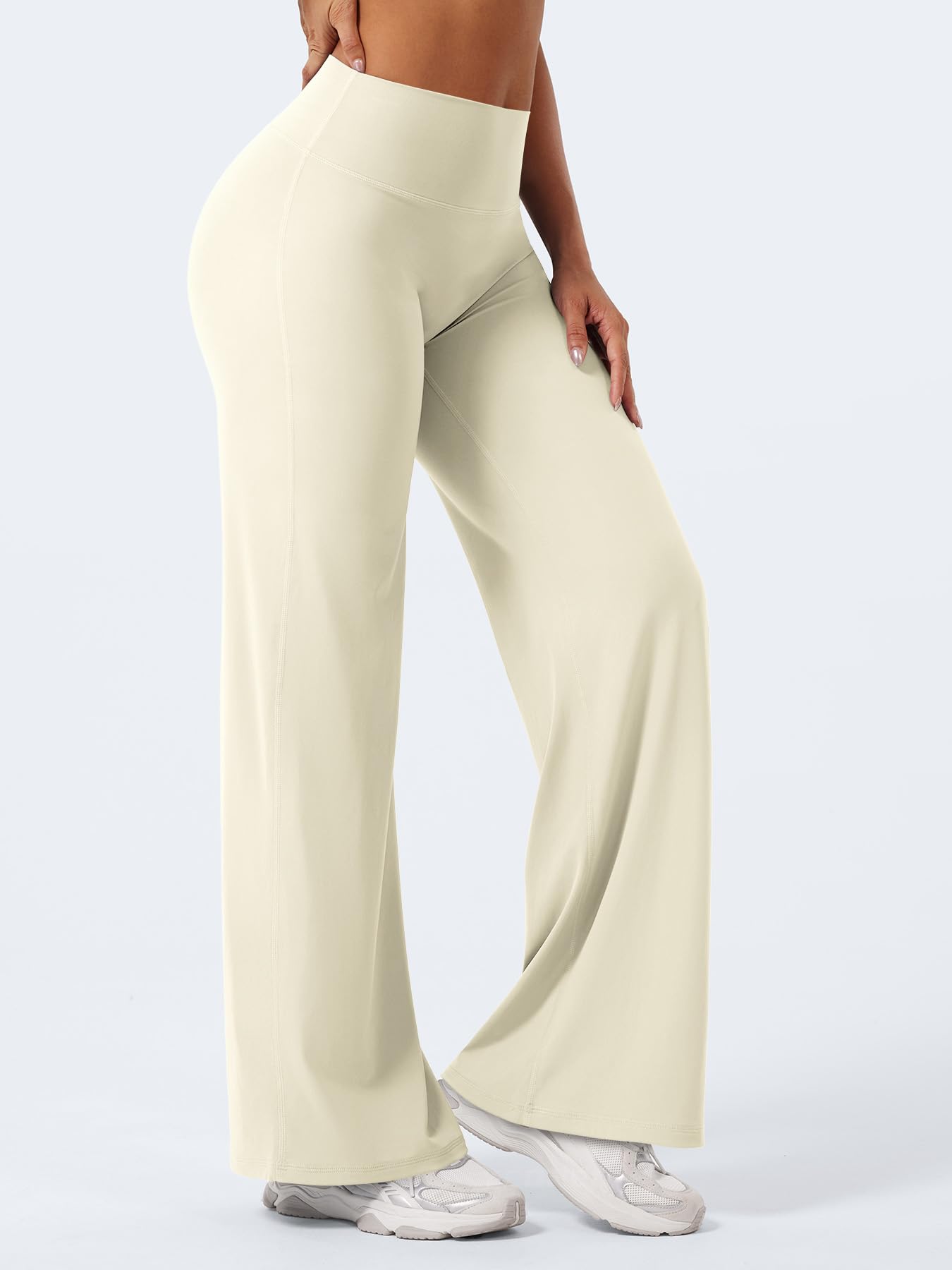 YEOREO Workout Leggings Womens No Front Seam Straight Leggings 31.5" Thin Fleece High Waist Buttery Eddiy Gym Yoga Pants Apricot White L