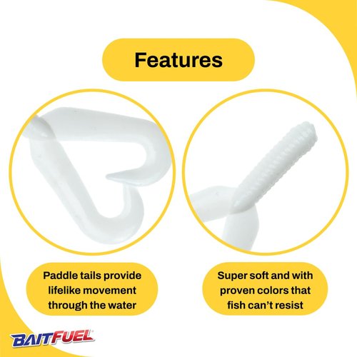 BAITFUEL Twin Tail Creature Bait Infused with Supercharged X55 Formula Gel | 3-Inch, White