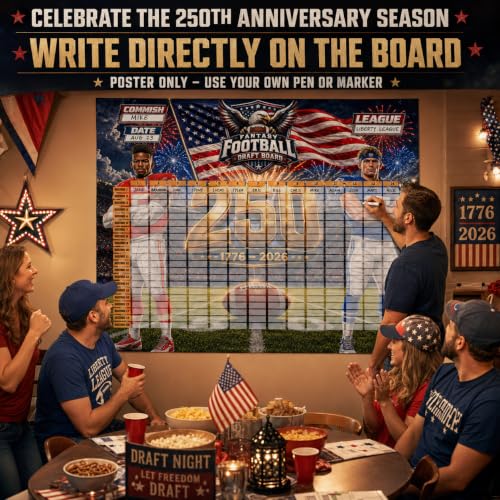 Fantasy Football Draft Board 2026-2027 Patriotic 250th Anniversary Design, 59x49 Inches