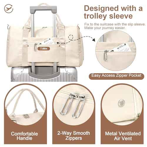 FIORETTO Womens Gym Tote Duffle Bag with Wet Pocket & Shoe Compartment, Sports Duffel Overnight Weekender Hospital Workout Carry on Bag for Girls, Ideal for Travel, Swimming, Dance, Ballet Beige