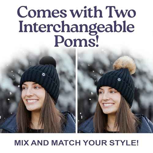 Funky Junque Women¡¯s Winter Detachable Pom Beanie ? Warm Knit Hat with Removable Faux Fur Pom, Soft Stretch Acrylic Cozy Cap