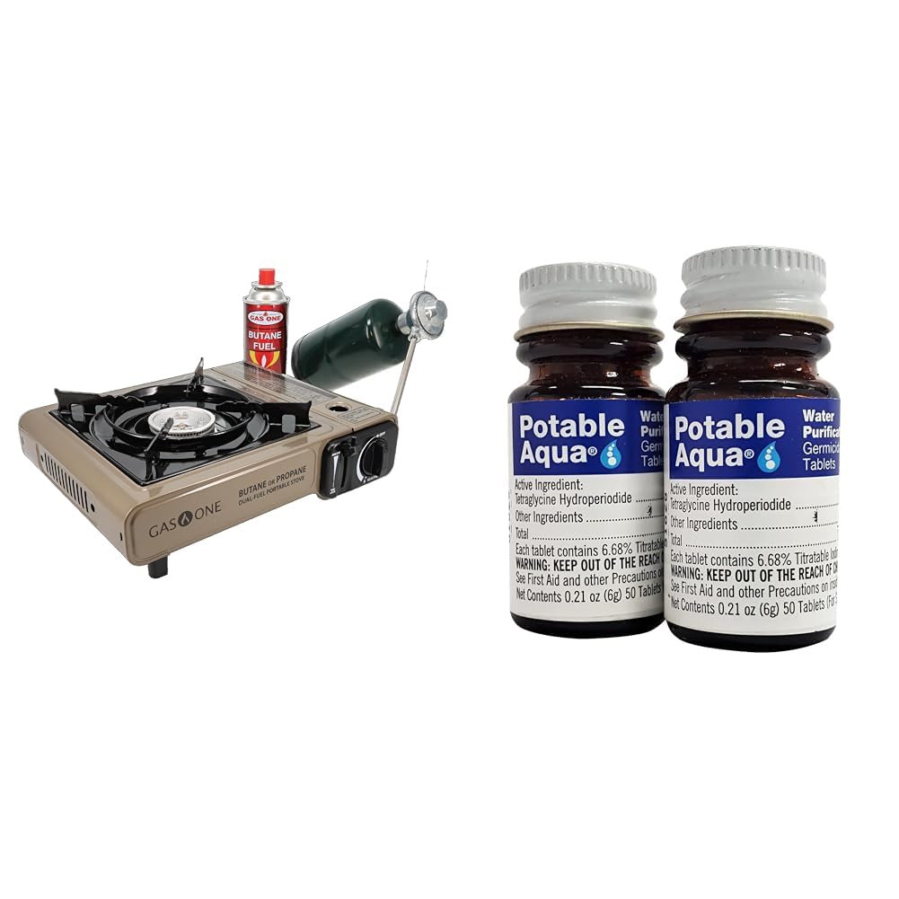 Gas One GS-3400P Dual Fuel Camping Stove and Potable Aqua Water Purification Tablets 50ct 2 Pack Emergency Preparedness Kit