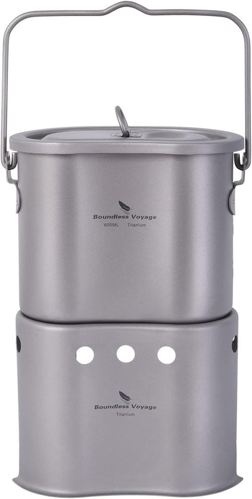 Boundless Voyage Titanium Pot with Wood Stove Set Ultralight Cup Mug with Lid for Outdoor Camping Picnic Hiking Backpacking 800ml/27 fl oz