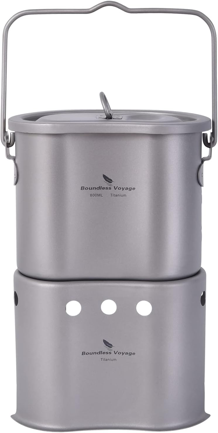 Boundless Voyage Titanium Pot with Wood Stove Set Ultralight Cup Mug with Lid for Outdoor Camping Picnic Hiking Backpacking 800ml/27 fl oz