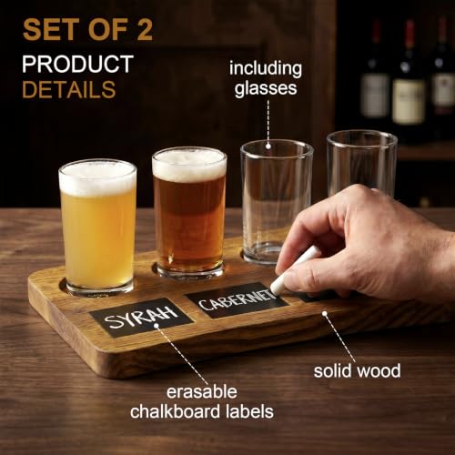 Brown Wood Beer Flight Set with 4 Glasses and Chalkboard Labels - 2 Pack