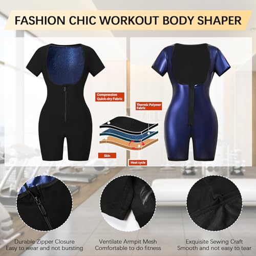 Women Sauna Suit Full Body Waist Trainer with Shorts - Blue, Large
