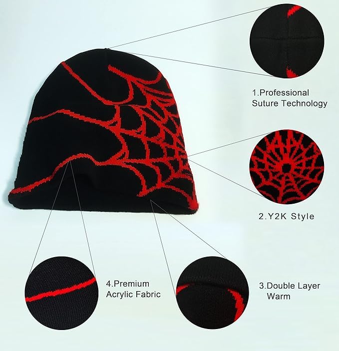 Y2K Beanie Hat with Gothic Spider Pattern - Wool & Acrylic Knitted Cap for Men & Women - Black & Red, One Size