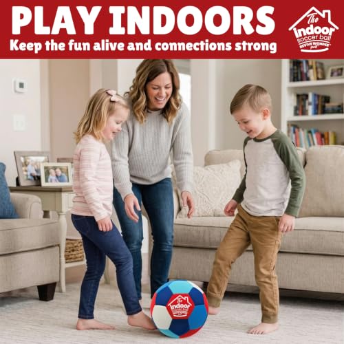 Indoor Soccer Ball Size 4 - Soft Padded, High Visibility, Pump Included - Red White Blue Variation