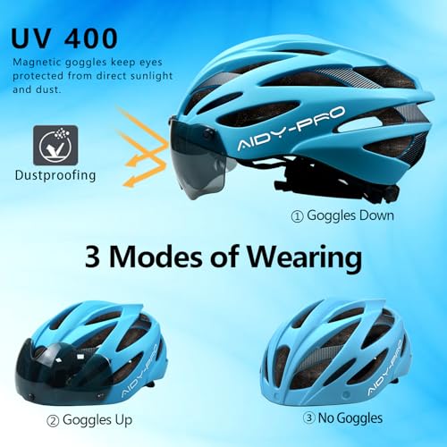 Kids Bike Helmet with Goggles - Adjustable Youth Cycling Helmet for Boys & Girls, Blue, M (51-58cm)