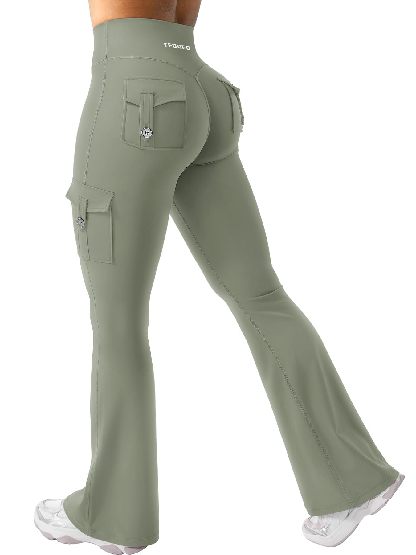 YEOREO CoreFlex Women Workout Flare Leggings with Pockets Hidden Scrunch High Waisted Cargo Gym Yoga Leggings Light Army Green XS