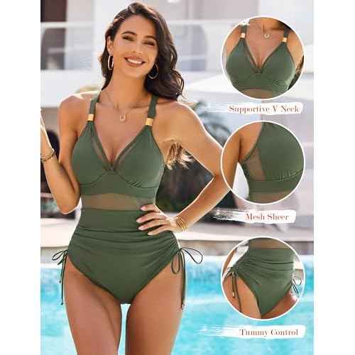 BMJL Womens Mesh Tummy Control Swimsuits One Piece Slimming Modest Bathing Suit Metal Ruched Swim Suits 2025