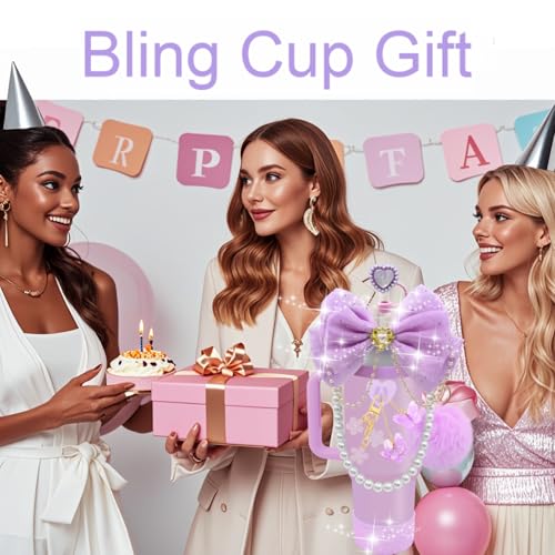 LBU Bling Stanley Cup Accessories for 40/30/20 oz Tumbler with Handle Including Glitter Bow Straw Topper, Heart Straw Cover, Pearl Water Bottle Handle Strap, Boot, Pom-Pom, Keychain Charms(Purple)