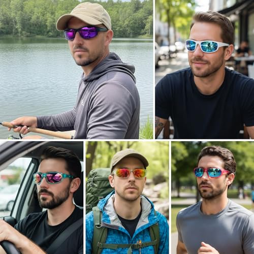 Polarized Sports Sunglasses for Men Women Wrap Around UV Protection - Pink Frame Blue Mirror Lens 62mm