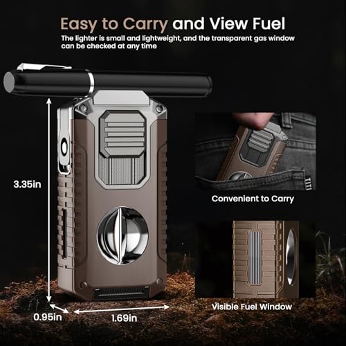 Brown 5-in-1 Torch Lighter with Triple Jet Flame & Tools - Windproof Refillable for Travel & Candle