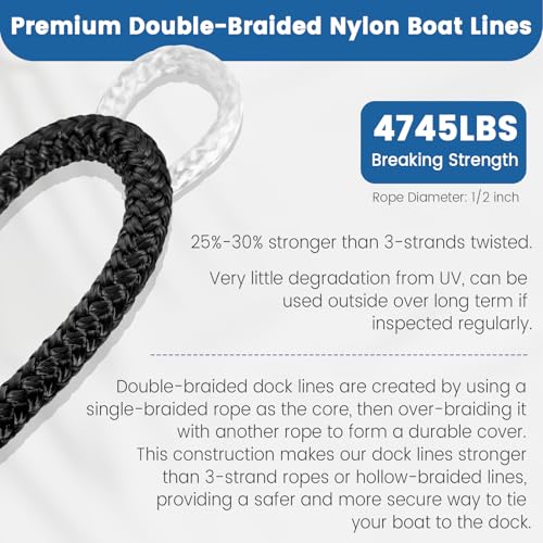 3/8 Inch x 10 Foot Nylon Dock Lines - 2 Pack with Pre-Spliced Soft Eyes