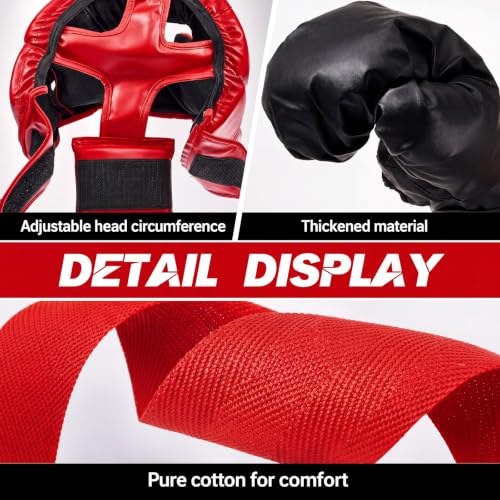 Kids Boxing Gear Set with Helmet Gloves Hand Wraps - Black & Red