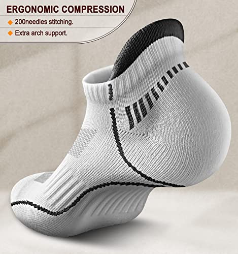 Men's Running Ankle Socks 6 Pack - Cushioned Support Low Cut No Show, White/Black/Gray 10-12