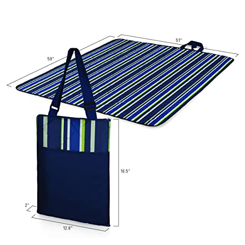 Outdoor Picnic Blanket & Tote - Navy/Lime Stripes, 59x51 Inches