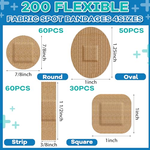 Geiserailie 200 Pcs Adhesive Small Spot Bandages Bulk Fabric Oval Flexible Adhesive Nose Face Bandages with Non Stick Pad Round Oval Square Strip for Skin Wound Care