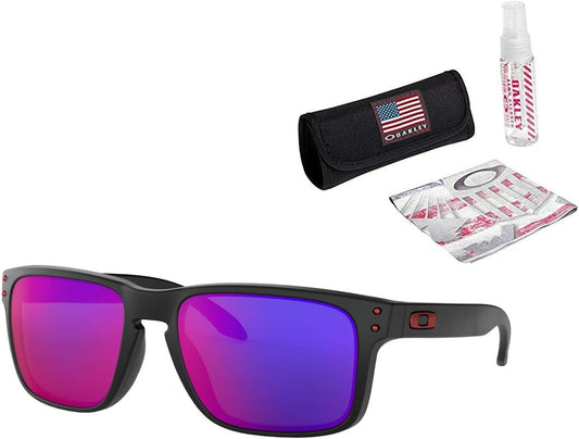 Oakley Holbrook Sunglasses (Matte Black Frame / Positive Red Iridium Lens) with USA Flag Lens Cleaning Kit
