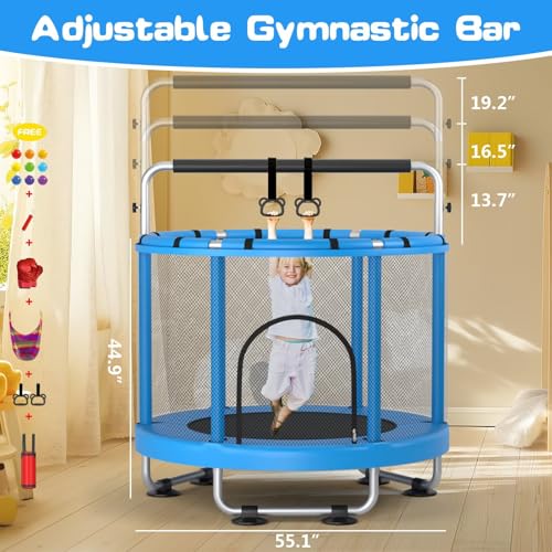 55" Trampoline for Kids with Enclosure, 440lbs Capacity Indoor & Outdoor Toddler Trampoline with Adjustable Gymnastics Bar & Toys, for Boys & Girls