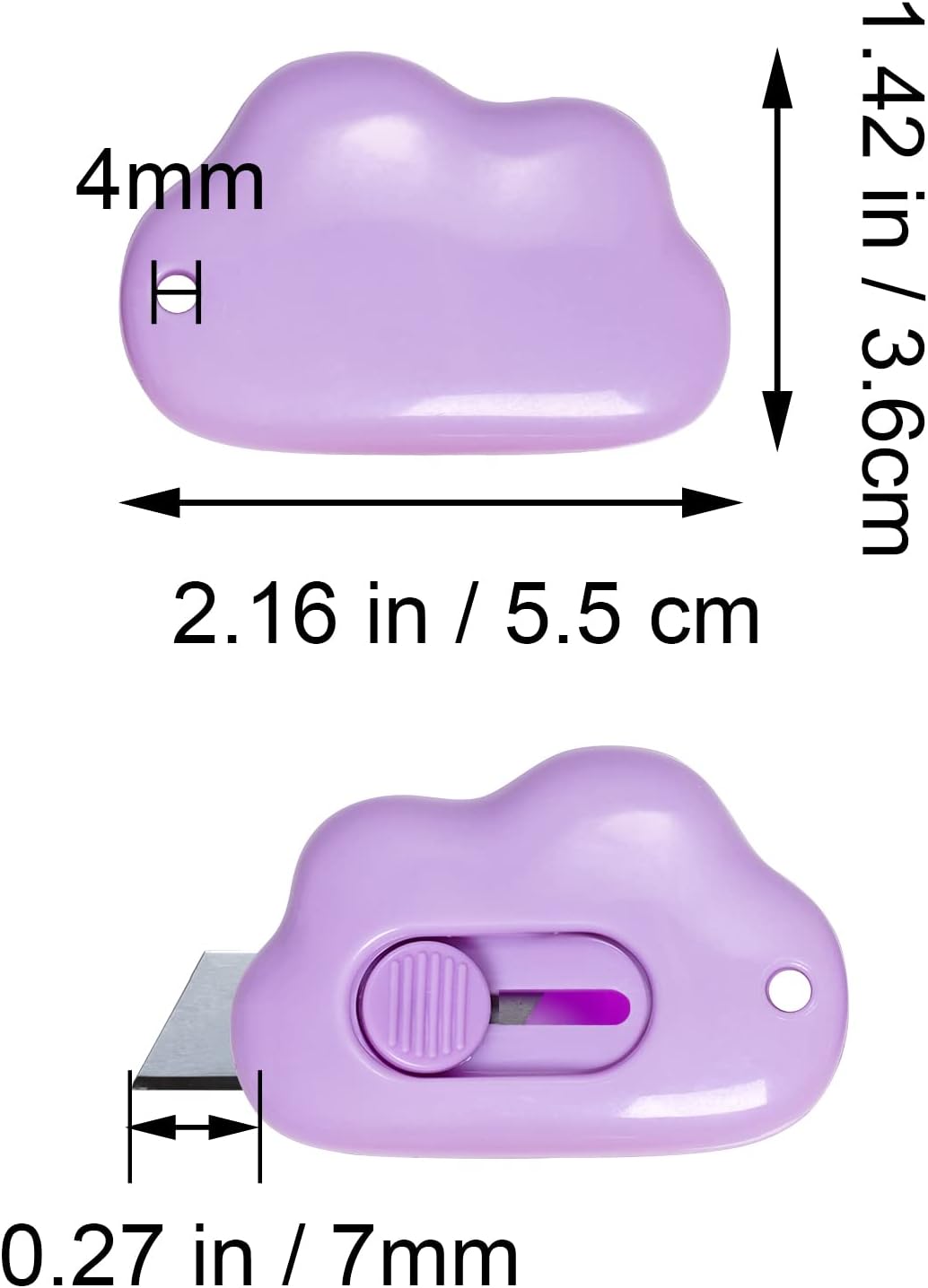 Fengek 3 Pcs Mini Retractable Utility Knife Cloud Pocket Box Cutters Plastic Letter Opener Slide Open with Keychain Hole for Box Letter Envelope, Cloud Shape (Multicolor A)