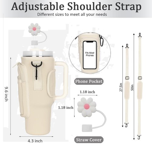 Water Bottle Carrier with Strap for Stanley 40 oz Tumbler,Personalized Initial ID Name Stanley Bag with Phone Pocket, Adjustable Strap, Stanley Cup Accessories (M, Cream)