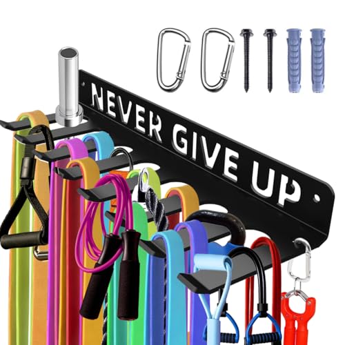 Home Gym Storage Rack with 8 Hooks for Barbells Resistance Bands Jump Ropes - Wall Mount Organizer - Variation of Never