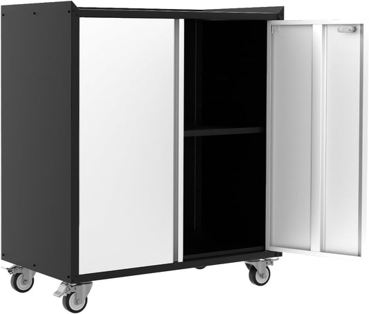 Heavy Duty Garage Storage Cabinet with Wheels, Rolling Tool Cabinet with Adjustable Shelf & Lockable Doors, Rust Resistant Tool Cart for Home Office Workshop, Grey