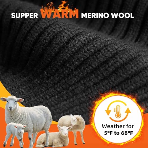 Winter Merino Wool Beanie Hat for Men Women Fleece Lined Knit Cap Black One Size