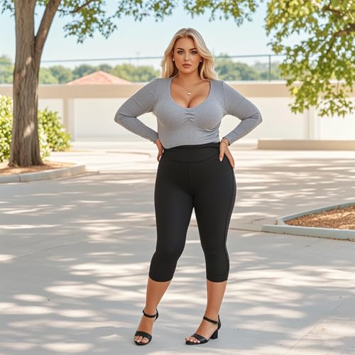 Plus Size Capri Leggings for Women with Pockets XL-4XL Black - XX-Large