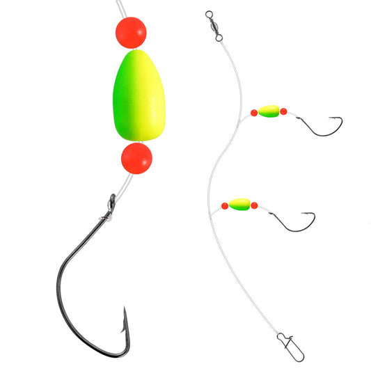 Alwonder 5-Pack Pompano Rigs Surf Fishing Rigs with Snell Floats Saltwater Live Bait Rig, Swivels Duo Lock Snaps Circle Wide Gap Kahle Hooks Rig for Beach Surf Casting Pier Jetty Fishing Green&Yellow