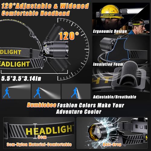 YNYS led headlamp Rechargeable,60H Bright Headlights with Sensor&Digital Display, Zoomable,12 Modes,120¡ÆAdjustable,Waterproof Head lamp for Working Camping Fishing Hiking