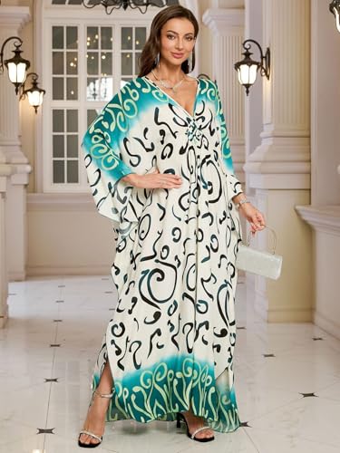 Plus Size Kaftan Dress for Women Abstract Pattern One Size African Moo Moo Batwing Beach Cover Up