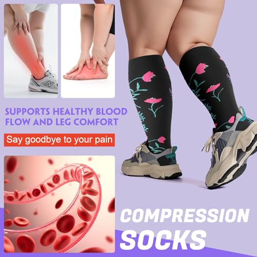 Plus Size Compression Socks XX-Large White Flower Knee High 20-30 mmHg Circulation Socks for Men Women