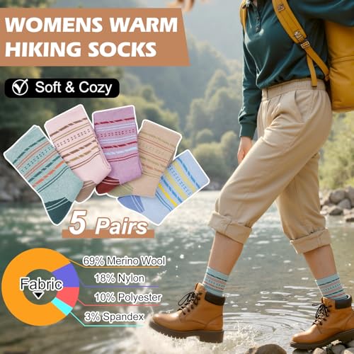 5 Pairs Womens Merino Wool Hiking Socks Winter Warm Crew Moisture Wicking Thick Cushioned Striped Boot Socks