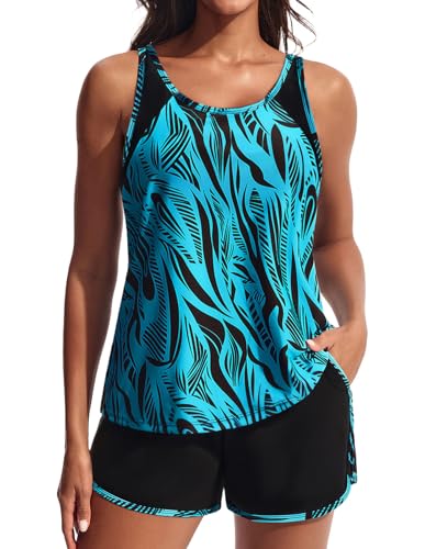 Women’s Tankini Swimsuit Set with Athletic Pockets - Blue Ripples, XL