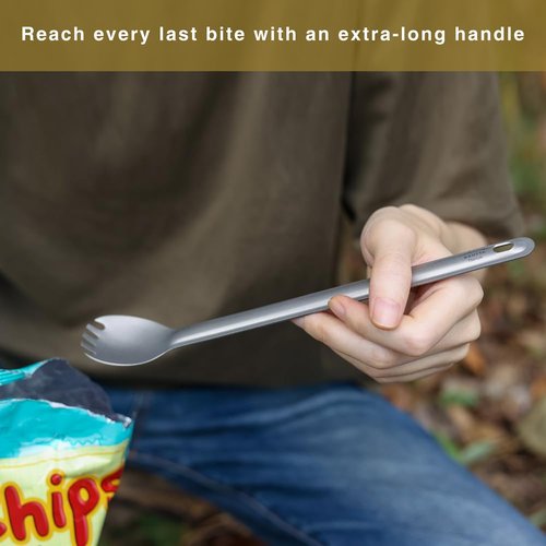 SANTTA Long Handle Titanium Spork, 8 1/2 Inch Lightweight Spoon & Fork Combo Utensil with Bag for Backpacking Fishing Hiking Bushcrafting Camping Traveling