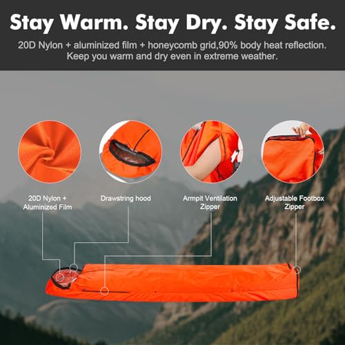 Orange Upneargo Emergency Thermal Sleeping Bag Bivy Sack - Lightweight Waterproof Survival Gear