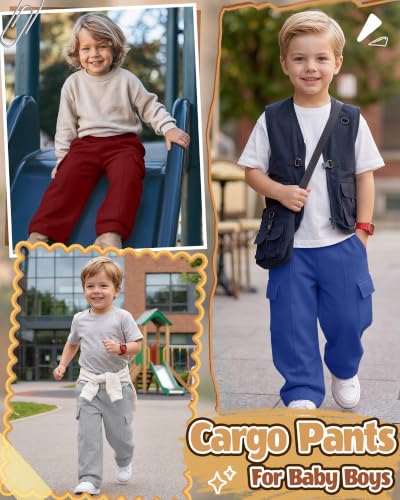 Toddler Boys' Cargo Sweatpants 4 Pack with Pockets - Size 2T, Red Gray Blue