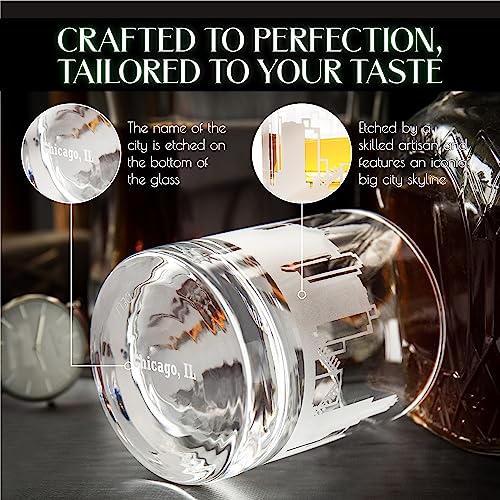 Chicago Whiskey Glasses Set of 2 - Skyline Etched Old Fashioned Tumblers for Chicago Lovers