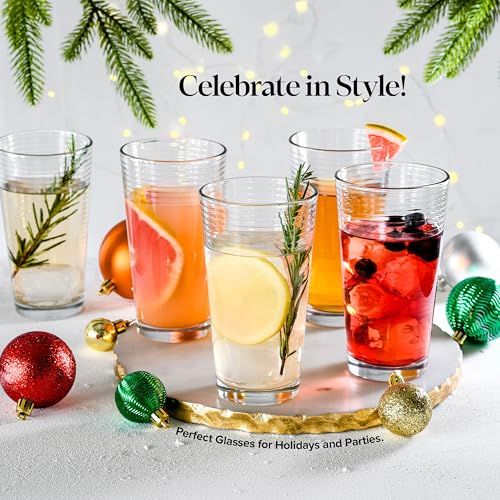10 Pack Highball Glasses Set 17oz Ribbed Drinkware for Cocktails & Beverages - Dishwasher Safe