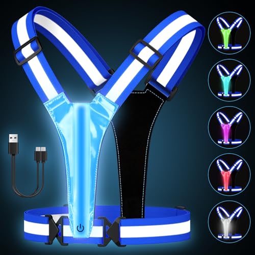 LED Reflective Running Vest with Phone Holder, Rechargeable 5 Colors Light Up Running Lights for Runners High Visibility Night Safety Gear, Adjustable for Men and Women