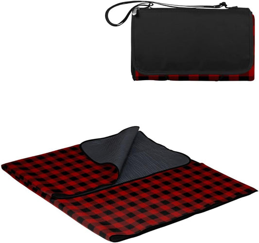 ONIVA by Picnic Time Outdoor Picnic Blanket Tote, 59"x51" Foldable Beach & Camping Blanket with Soft Fleece, Water-Resistant Bottom, Adjustable Strap & Zippered Pocket (Black Tartan, Black Flap)