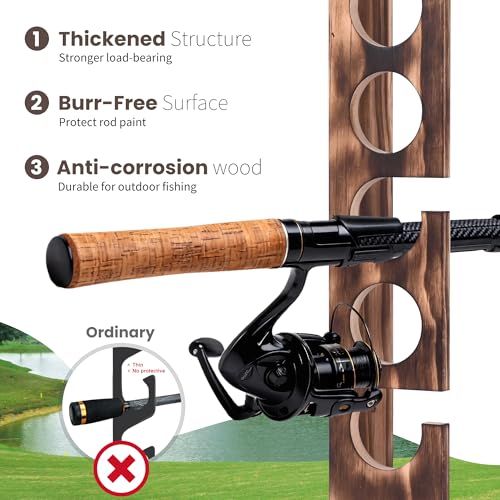 Wooden Fishing Rod Holder Wall & Ceiling Mount - Holds Up to 6 Rods, Tackle Storage Organization